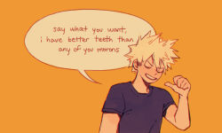 Rule 34 | 1boy, bakugou katsuki, black shirt, blonde hair, boku no hero academia, closed eyes, comic, commentary, english commentary, english text, fenkko, male focus, open mouth, pointing, pointing at self, shirt, short hair, short sleeves, simple background, smile, solo, speech bubble, spiked hair, t-shirt, upper body, yellow background