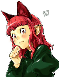 Rule 34 | 1girl, alternate hairstyle, animal ears, bad id, bad pixiv id, blunt bangs, blush, cat ears, cat girl, extra ears, female focus, fingernails, hair down, highres, kaenbyou rin, long hair, looking at viewer, pointy ears, red eyes, red hair, shiba itsuki, simple background, solo, touhou, upper body, white background, wide-eyed