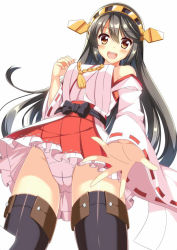 Rule 34 | 10s, 1girl, :d, bad id, bad pixiv id, bare shoulders, black hair, breasts, brown eyes, detached sleeves, hairband, haruna (kancolle), japanese clothes, kantai collection, long hair, looking down, nontraditional miko, open mouth, panties, pantyshot, personification, ribbon-trimmed sleeves, ribbon trim, rin ateria, skirt, smile, solo, thighhighs, underwear, upskirt, white background, white panties