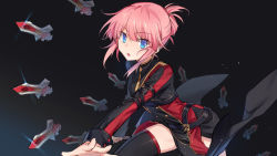 Rule 34 | 1girl, :o, belt, black background, black shirt, black thighhighs, blue eyes, closers, combat knife, floating, floating object, gradient background, highres, knife, long hair, long sleeves, looking at viewer, nanaya (nnytwr), open mouth, pelvic curtain, pink hair, seulbi lee, shirt, sidelocks, solo, thighhighs, weapon