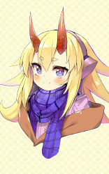Rule 34 | 1girl, blonde hair, blush, cropped torso, highres, horns, long hair, looking at viewer, original, pg (pege544), purple eyes, red horns, scarf, short eyebrows, smile, thick eyebrows, yellow background
