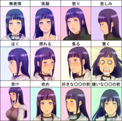 Rule 34 | angry, blue hair, blush, breasts, crying, expression chart, expressions, frown, happy, hime cut, hyuuga hinata, large breasts, naruto, naruto (series), partially translated, purple eyes, smile, soda (artist), soda (wilkinsontansan), surprised, translation request