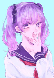 Rule 34 | 1girl, blue background, bow, collarbone, commentary request, covering own mouth, hair bow, hand over own mouth, highres, long sleeves, original, purple eyes, purple hair, school uniform, serafuku, smile, solo, twintails, uououoon, upper body