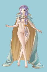 Rule 34 | 1girl, barefoot, blue background, blue cape, braid, breasts, cape, casual nudity, fire emblem, fire emblem: the binding blade, flower wreath, green eyes, hair ribbon, heterochromia, highres, idunn (divine demon) (fire emblem), idunn (fire emblem), large breasts, light persona, long hair, looking at viewer, naked cape, navel, nintendo, nipples, nude, pointy ears, pomelomelon, purple hair, pussy, red eyes, ribbon, side braid, smile, solo