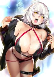 Rule 34 | 1girl, bare shoulders, bikini, black bikini, black choker, black jacket, blue background, breasts, choker, cleavage, cowboy shot, fate/grand order, fate (series), fur-trimmed sleeves, fur collar, fur trim, hands up, heavy breathing, highres, jacket, jeanne d&#039;arc alter (swimsuit berserker) (fate), jeanne d&#039;arc (fate), jeanne d&#039;arc alter (fate), jeanne d&#039;arc alter (swimsuit berserker) (fate), large breasts, looking at viewer, marushin (denwa0214), navel, nose, o-ring, o-ring bikini, o-ring bottom, o-ring top, open clothes, open jacket, open mouth, sexually suggestive, short hair, silver hair, skindentation, solo, sweat, swimsuit, thigh strap, tongue, tongue out, white background, yellow eyes