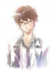 Rule 34 | 1boy, brown hair, code geass, glasses, green eyes, jyuru, kururugi suzaku, male focus, necktie, solo, white background