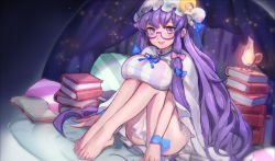 Rule 34 | 1girl, :d, bare legs, book, book stack, bow, breasts, covered erect nipples, glasses, hair bow, hat, highres, large breasts, long hair, looking at viewer, mob cap, nemo (leafnight), open mouth, patchouli knowledge, purple-framed eyewear, purple eyes, purple hair, see-through, semi-rimless eyewear, sitting, smile, solo, touhou, under-rim eyewear, very long hair