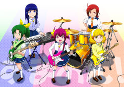 Rule 34 | 5girls, aoki reika, text background, bass guitar, blonde hair, blue dress, blue eyes, blue hair, blue necktie, blue shirt, blunt bangs, brown footwear, cardigan, closed mouth, clothes around waist, commentary request, dress, drum, drum set, drumsticks, electric guitar, green eyes, green hair, green necktie, green sweater, guitar, hair ornament, hair ribbon, hairband, hand on own hip, highres, hime cut, hino akane (smile precure!), holding, holding drumsticks, holding instrument, hoshizora miyuki, instrument, k-on!, keyboard (instrument), kise yayoi, kneehighs, layered sleeves, loafers, long sleeves, looking at viewer, medium hair, midorikawa nao, multiple girls, necktie, open mouth, orange necktie, parody, partial commentary, pink eyes, pink hair, pink necktie, pleated dress, ponytail, precure, red eyes, red hair, ribbon, satou yasu, shadow, shirt, shoes, short dress, short hair, short over long sleeves, short sleeves, short twintails, sidelocks, single horizontal stripe, sitting, sleeves rolled up, smile, smile precure!, socks, standing, straight hair, sweater, sweater vest, swept bangs, twintails, v-neck, white hairband, white legwear, x hair ornament, yellow cardigan, yellow eyes, yellow necktie, yellow ribbon