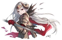 Rule 34 | 1girl, armor, da-cart, edelgard von hresvelg, fake horns, feather trim, fire emblem, fire emblem: three houses, fire emblem heroes, from side, gloves, headpiece, highres, holding, horns, long hair, looking to the side, nintendo, parted lips, purple eyes, red gloves, simple background, solo, upper body, white background, white hair