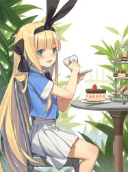 Rule 34 | 1girl, :3, aqua eyes, black bow, black hairband, blonde hair, blush, bow, cake, cake slice, chair, commentary request, cup, feet out of frame, food, from side, fruit, hair bow, hairband, holding, holding cup, kildir, long hair, looking at viewer, looking to the side, macaron, midriff, mononobe alice, mononobe alice (1st costume), nijisanji, on chair, open mouth, plant, plate, pleated skirt, shirt, short sleeves, sitting, skirt, smile, solo, spoon, strawberry, strawberry shortcake, table, very long hair, virtual youtuber, white skirt