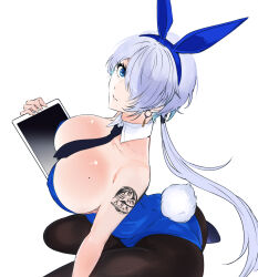 Rule 34 | 1girl, animal ears, ass, bare shoulders, black necktie, black pantyhose, blue eyes, blue leotard, breasts, brid (nikke), closed mouth, colored inner hair, dangle earrings, detached collar, dimjh, earrings, fake animal ears, fake tail, from above, goddess of victory: nikke, green hair, grey hair, hair over one eye, holding, holding tablet pc, kneeling, large breasts, leotard, long hair, looking at viewer, low-tied long hair, mole, mole on breast, multicolored hair, necktie, pantyhose, playboy bunny, rabbit ears, rabbit tail, shoulder tattoo, solo, strapless, strapless leotard, tablet pc, tail, tattoo