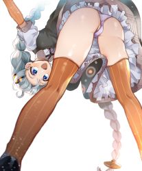Rule 34 | 1girl, :d, ahoge, ass, bent over, black dress, blue eyes, braid, cross tie, dress, elbow gloves, from below, gloves, hair ornament, highres, kizuna akari, kyusai kuma, long hair, open mouth, orange gloves, orange thighhighs, outstretched arm, panties, pantyshot, partially visible vulva, petticoat, puffy short sleeves, puffy sleeves, purple panties, short sleeves, silver hair, simple background, smile, solo, striped clothes, striped gloves, striped thighhighs, thighhighs, twin braids, underwear, upskirt, vertical-striped clothes, vertical-striped gloves, vertical-striped thighhighs, voiceroid, white background, white panties