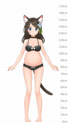 Rule 34 | 1girl, aina (mao lian), animal ear fluff, animal ears, arms at sides, bare arms, bare legs, bare shoulders, barefoot, black choker, blue eyes, bow, bow bra, bow panties, bra, breasts, brown bra, brown hair, brown panties, cat ears, cat tail, choker, closed mouth, full body, height chart, highres, long hair, looking at viewer, mao lian (nekokao), medium breasts, navel, original, panties, pigeon-toed, pregnant, smile, solo, standing, tail, underwear, underwear only, white bow