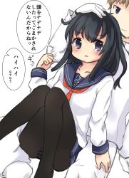 Rule 34 | 1boy, 1girl, admiral (kancolle), akatsuki (kancolle), anchor symbol, arm support, black hair, black pantyhose, blue eyes, blue skirt, blush, closed mouth, clothes grab, collarbone, commentary request, frown, gloves, headpat, highres, kantai collection, light brown hair, long hair, looking at another, looking back, neckerchief, no headwear, no shoes, panties, panties under pantyhose, pants, pantyhose, pleated skirt, purple eyes, red neckerchief, school uniform, serafuku, shirt, simple background, sitting, sitting on lap, sitting on person, sketch, skirt, sleeve grab, smile, solo focus, striped clothes, striped panties, tears, translation request, underwear, white background, white gloves, white pants, white shirt
