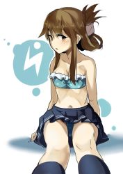 Rule 34 | 10s, 1girl, :o, alternate costume, arm support, bandeau, bare arms, bikini, blue skirt, blush, breasts, brown eyes, brown hair, crop top, female focus, folded ponytail, frilled bikini, frills, hair between eyes, hair ornament, hairclip, inazuma (kancolle), kantai collection, kuzu (miduhana), long hair, looking at viewer, navel, open mouth, panties, pantyshot, pleated skirt, polka dot, polka dot background, polka dot bikini, polka dot swimsuit, simple background, sitting, skirt, small breasts, socks, solo, strapless, swimsuit, tube top, underwear