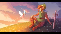 Rule 34 | 1boy, 1girl, brown hair, dress, elf, fairy, flower, flying, grass, grin, hat, highres, hill, link, nintendo, pink dress, pointy ears, sidelocks, sitting, sky, smile, sunset, sword, the legend of zelda, tunic, wand, weapon, wings, zelda ii: the adventure of link