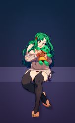 Rule 34 | 1girl, @ @, absurdres, beige sweater, black thighhighs, breasts, cleavage, commentary, english commentary, flower, goblant, green eyes, green hair, green nails, hair flower, hair ornament, head tilt, highres, holding, holding stuffed toy, indie virtual youtuber, koopa fortuna, large breasts, long hair, looking at viewer, nail polish, off-shoulder sweater, off shoulder, plump, red flower, sitting, smile, solo, stuffed toy, sweater, thighhighs, toenail polish, toenails, troopa (koopa fortuna), virtual youtuber