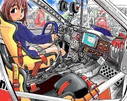 1girl blazer blue_jacket blue_sky blush brown_hair car car_interior closed_mouth day from_side gloves green_skirt headphones holding holding_steering_wheel jacket looking_at_viewer looking_to_the_side lowres motor_vehicle oekaki original people pit_stop plaid_clothes plaid_skirt pleated_skirt race_vehicle racecar racetrack rally_car retsumaru school_uniform short_hair skirt sky smile solo_focus steering_wheel sweater unworn_gloves unworn_headphones