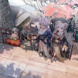 Rule 34 | 5girls, a-545 (silver tree&#039;s gratitude) (girls&#039; frontline), animal, animal on lap, architecture, artist request, black cat, black choker, black gloves, black haori, black headwear, blue eyes, blue kimono, blue sash, blush, boots, bottle, breasts, brick floor, brick wall, brown hair, building, cat, cat on lap, cherry blossoms, chest sarashi, choker, cleavage, closed eyes, collarbone, crossed ankles, day, double bun, drooling, drunk, earrings, east asian architecture, eyeliner, eyes visible through hair, facial tattoo, feet, fingerless gloves, fingernails, floral print kimono, flower, from above, full body, fur collar, fx-05 (journey among the stars) (girls&#039; frontline), girls&#039; frontline, gloves, green hair, green sash, grey kimono, hagoita, hair between eyes, hair bun, hair flower, hair ornament, hair over shoulder, hair up, hat, highres, holding, holding animal, holding bottle, holding cat, japanese clothes, jewelry, kimono, large breasts, laughing, lightning bolt symbol, long hair, long sleeves, looking at viewer, makeup, medium hair, micro uzi (new maple silhouette) (girls&#039; frontline), multiple girls, no socks, obi, official alternate costume, official art, okobo, on lap, open mouth, ots-39 (apricot fantasia) (girls&#039; frontline), outdoors, paddle, parted lips, pink nails, purple eyes, purple kimono, railing, sake bottle, sandals, sarashi, sash, see-through socks, shadow, sharp teeth, short hair with long locks, single glove, single off shoulder, sitting, sitting on stairs, sl8 (blue snow under you) (girls&#039; frontline), smile, stairs, standing, tattoo, teeth, third-party source, toes, tree, twintails, two-tone kimono, upper teeth only, very long hair, white hair, wide brim, wide sleeves, yellow kimono, yellow sash