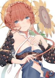 Rule 34 | 1girl, absurdres, belt, black sleeves, blue eyes, blue overalls, blush, braid, breasts, brown belt, collarbone, crown braid, crying, crying with eyes open, detached collar, detached sleeves, fate/grand order, fate (series), flower, hair ornament, hand on own chest, hat, head tilt, highres, leaf hair ornament, looking at viewer, multiple belts, navel, open clothes, orange hair, overalls, petaru, raised eyebrows, side braid, sleeves past elbows, small breasts, smile, solo, straw hat, sunflower, tears, upper body, van gogh (fate), white background, zipper, zipper pull tab