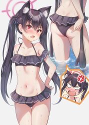 Rule 34 | 1girl, anger vein, angry, animal ears, ass, bikini, black bikini, black hair, blue archive, breasts, cleavage, fang, frilled bikini, frills, grey background, halo, highres, itaba atsushi, long hair, looking at viewer, multiple views, navel, official alternate costume, partially submerged, red eyes, red halo, serika (blue archive), serika (swimsuit) (blue archive), simple background, small breasts, solo, standing, swimsuit, twintails, very long hair, water, wet