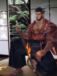Rule 34 | 1boy, abs, absurdres, animal ears, bara, bare shoulders, black hair, body hair, borrowed character, chest hair, commission, dog ears, facial hair, fire, highres, japanese clothes, large pectorals, male focus, manly, muscular, original, pectorals, powerlesssong, red eyes, solo, sword, tattoo, weapon, wooden sword