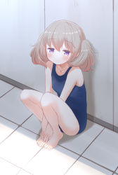 Rule 34 | 1girl, 3:, bare arms, bare legs, bare shoulders, barefoot, blue one-piece swimsuit, blush, closed mouth, collarbone, commentary request, day, dot nose, feet together, from side, full body, grey hair, hair between eyes, highres, knees apart feet together, knees up, light brown hair, light frown, looking at viewer, medium hair, new school swimsuit, one-piece swimsuit, own hands together, petite, purple eyes, retsumaru, school swimsuit, shade, sitting, slow loop, solo, split mouth, sweat, swimsuit, tile floor, tiles, toes, twintails, v arms, vignetting, wavy mouth, yoshinaga koi
