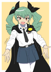 Rule 34 | 1girl, :d, absurdres, anchovy (girls und panzer), anzio (emblem), anzio school uniform, belt, black belt, black cape, black necktie, blue skirt, blush stickers, cape, drill hair, emblem, girls und panzer, green eyes, highres, looking at viewer, necktie, open mouth, outstretched arms, pantyhose, school uniform, shirt, signature, skirt, smile, solo, twin drills, twintails, white pantyhose, white shirt, yellow background, yellow eyes, zono (inokura syuzo029)
