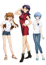 Rule 34 | 3girls, :d, absurdres, adjusting hair, age difference, alternate costume, ankle boots, armpits, ayanami rei, blue eyes, blue hair, blush, boots, breasts, brown hair, capri pants, clenched hand, cross, cross necklace, crossed legs, cutoffs, daigaku honyaku center, denim, denim shorts, dress, earrings, flats, from side, full body, grey eyes, hair between eyes, hair ornament, hand on own chest, hand on own hip, high heel boots, high heels, highres, jeans, jewelry, katsuragi misato, legs, light smile, long hair, long legs, looking at viewer, matsubara hidenori, midriff peek, multiple girls, necklace, neon genesis evangelion, no socks, official art, open mouth, pale skin, pants, red dress, red eyes, sachiel (evangelion), sandals, shirt, shoes, short dress, short hair, short shorts, short sleeves, shorts, simple background, skinny, sleeveless, sleeveless dress, small breasts, smile, souryuu asuka langley, standing, t-shirt, tamagawa yoshiko, thigh gap, tied shirt, toes, turtleneck, two side up, watch, watson cross, wavy hair, white background, white shirt, wristwatch