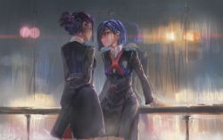 Rule 34 | 10s, 2girls, absurdres, black hair, blue hair, closed mouth, commentary request, darling in the franxx, from behind, glasses, hair ornament, hair over one eye, hairclip, highres, ichigo (darling in the franxx), ikuno (darling in the franxx), long hair, looking at another, looking at viewer, military, military uniform, multiple girls, orange neckwear, school uniform, short hair, song ren, traditional media, uniform, watercolor pencil (medium)