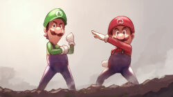 Rule 34 | 2boys, absurdres, blue overalls, brothers, facial hair, feet out of frame, gloves, green headwear, green shirt, highres, kamen rider, looking at viewer, luigi, mario, mario (series), multiple boys, mustache, nintendo, outdoors, overalls, pose request, red headwear, red shirt, shiburingaru, shirt, siblings, white gloves