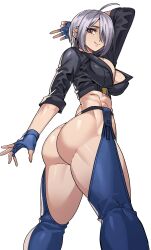 Rule 34 | 1girl, abs, angel (kof), ass, backless pants, bra, breasts, chaps, cleavage, crop top, cropped jacket, fingerless gloves, gamjasssak, gloves, hair over one eye, highres, jacket, large breasts, leather, leather jacket, looking down, midriff, muscular, muscular female, pants, red eyes, snk, solo, strapless, strapless bra, the king of fighters, the king of fighters xiv, toned, underwear, white hair
