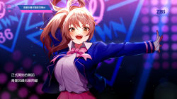 Rule 34 | 1girl, :d, absurdres, arm behind head, arms up, blue jacket, blurry, blurry background, blush, bow, bowtie, breasts, brown eyes, brown hair, chinese text, collared shirt, commentary request, depth of field, highres, illian-san, jacket, large breasts, long hair, long sleeves, looking at viewer, open clothes, open jacket, open mouth, original, outstretched arm, pink bow, pink bowtie, pink skirt, ponytail, shirt, skirt, smile, solo, teeth, traditional chinese text, translation request, upper body, upper teeth only, white shirt
