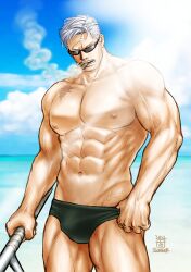 Rule 34 | 1boy, abs, bara, beach, blue male swimwear, bulge, cowboy shot, facial hair, holding, holding weapon, kokorozashi, large pectorals, light rays, male focus, male swimwear, mature male, medium sideburns, muscular, muscular male, navel, nipples, one piece, pectorals, scar, scar on face, scar on forehead, short hair, sideburns stubble, smoke, smoker (one piece), solo, sparse stubble, stitches, stomach, strongman waist, stubble, sunglasses, swim briefs, thighs, topless male, tsurime, veiny crotch, weapon, white hair
