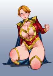 Rule 34 | 1girl, arm behind back, blonde hair, blue background, blue cape, blue eyes, boots, breasts, brown hair, cape, cleavage, cleavage cutout, clenched hand, clenched teeth, clothing cutout, curvy, eighth wonder, full body, ganto, gradient background, groin, haruka athena, high collar, highleg, highleg leotard, huge breasts, knee boots, kneeling, leotard, lipstick, long sleeves, looking at viewer, makeup, mature female, midriff, orange hair, plump, red leotard, red lips, serious, shadow, short hair, shoulder pads, signature, solo, star (symbol), superhero costume, swept bangs, teeth, thick thighs, thighs, thong leotard, toned, turtleneck, uchi no musume ni te wo dasuna!, underboob, underboob cutout, white hair