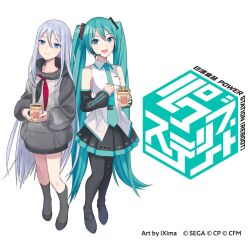 Rule 34 | 2girls, aqua eyes, aqua hair, aqua necktie, bare shoulders, black footwear, black skirt, black sleeves, blue eyes, boots, cup, detached sleeves, full body, grey hair, grey hoodie, hatsune miku, headset, highres, holding, holding cup, hood, hoodie, ixima, long hair, long sleeves, looking at viewer, multiple girls, necktie, nissin, nissin cup noodle, official art, open mouth, project sekai, simple background, skirt, smile, standing, thigh boots, twintails, very long hair, vocaloid, white background, yoisaki kanade