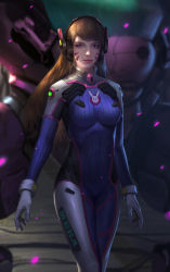 Rule 34 | 1girl, acronym, alternate eye color, animal print, armor, bodysuit, boots, bracer, breasts, brown hair, closed mouth, cowboy shot, d.va (overwatch), facepaint, facial mark, gloves, headphones, highres, legs together, lips, lipstick, long hair, long sleeves, makeup, mecha, medium breasts, meka (overwatch), overwatch, overwatch 1, pauldrons, pilot suit, pink lips, purple eyes, rabbit print, ribbed bodysuit, robot, shoulder armor, shoulder pads, skin tight, smile, solo, thigh boots, thigh strap, thighhighs, turtleneck, weapon, whisker markings, white footwear, white gloves