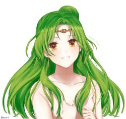 Rule 34 | 1girl, circlet, dot nose, earrings, elincia ridell crimea, fire emblem, green hair, highres, jewelry, long hair, nintendo, nude, simple background, smile, solo, upper body, white background, yellow eyes