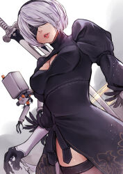 Rule 34 | 1girl, absurdres, black blindfold, black dress, black thighhighs, blindfold, breasts, cleavage, cleavage cutout, clothing cutout, dress, grey hair, highres, j-u-n06, juliet sleeves, long sleeves, medium breasts, mole, mole under mouth, nier:automata, nier (series), non-humanoid robot, parted lips, pod (nier:automata), puffy sleeves, robot, short hair, solo, sword, thighhighs, weapon, weapon on back, 2b (nier:automata)
