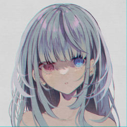 Rule 34 | 1girl, :o, blue eyes, collarbone, commentary request, grey background, grey hair, heterochromia, long hair, looking at viewer, naoton, nude, original, parted lips, portrait, red eyes, simple background, solo, upper body