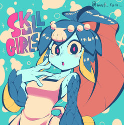 Rule 34 | 1girl, apron, blue background, blush, chichibu (watson), covering own mouth, fins, fish girl, hand up, minette (skullgirls), open mouth, pink eyes, scales, shell hair ornament, skullgirls, solo, surprised, upper body