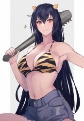 Rule 34 | animal print, bikini, bikini top only, black hair, breasts, cleavage, club, club (weapon), highres, holding, holding club, holding weapon, kantai collection, kasumi (skchkko), large breasts, long hair, looking at viewer, nagato (kancolle), navel, red eyes, short shorts, shorts, simple background, smile, sparkle, spiked club, swimsuit, tiger print, weapon