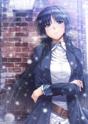 Rule 34 | 1girl, against wall, aquaplus, belt, belt buckle, black coat, black hair, blue eyes, brown belt, buckle, closed mouth, coat, collared shirt, crossed arms, day, floating hair, head tilt, long hair, long sleeves, looking at viewer, mikuni mizuki, open clothes, open coat, outdoors, shirt, snowing, solo, standing, straight hair, touma kazusa, upper body, very long hair, white album (series), white album 2, white shirt, wing collar