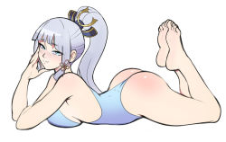 Rule 34 | 1girl, ayaka (genshin impact), blue eyes, blue one-piece swimsuit, breasts, feet, genshin impact, hair ornament, head rest, large breasts, legs up, looking at viewer, lying, moonlsu, on stomach, one-piece swimsuit, ponytail, silver hair, smile, solo, swimsuit