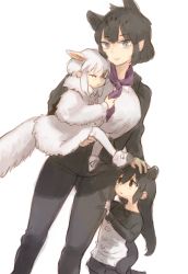 Rule 34 | 3girls, aged down, animal ears, anteater ears, anteater tail, black hair, black jaguar (kemono friends), blue eyes, brown eyes, carrying, child, closed mouth, clothes grab, dutch angle, extra ears, feet out of frame, formal, grabbing, half-closed eyes, jacket, jaguar ears, jaguar girl, jaguar tail, kemono friends, long hair, long sleeves, looking at another, looking at viewer, malayan tapir (kemono friends), medium hair, multicolored hair, multiple girls, pant suit, pants, pantyhose, shirt, shoes, shorts, shuushuusha, sidelocks, simple background, sleepy, smile, southern tamandua (kemono friends), suit, tail, tamandua ears, tamandua tail, tapir ears, two-tone hair, white background, white hair