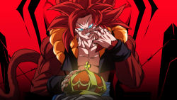 Rule 34 | 1boy, big hair, blue eyes, body fur, crown, dragon ball, dragon ball gt, glowing, glowing eyes, gogeta, king (vocaloid), male focus, metamoran vest, monkey tail, muscular, muscular male, pectorals, red background, red hair, rom (20), sitting, solo, spiked hair, super saiyan, super saiyan 4, tail, vocaloid