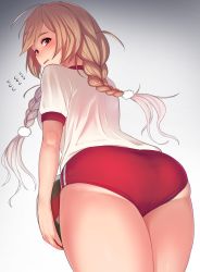 Rule 34 | 1girl, ass, ball, blush, braid, breasts, brown eyes, buruma, commentary request, flying sweatdrops, from behind, from below, gradient hair, gym uniform, hair ornament, head tilt, highres, holding, holding ball, huge ass, kantai collection, light brown hair, long hair, minegumo (kancolle), multicolored hair, open mouth, shirt, short sleeves, shorts, simple background, small breasts, solo, taji (crowview), thick thighs, thighs, twin braids, white shirt, wide hips