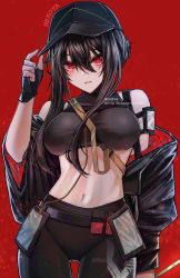 Rule 34 | 1girl, absurdres, alternate costume, artist name, baseball cap, belt, between breasts, black belt, black gloves, black hat, black jacket, breasts, cowboy shot, crop top, fingerless gloves, gloves, hair between eyes, hand up, hat, highres, jacket, long hair, medium breasts, navel, nekodayo22, off shoulder, pants, parted lips, red background, red eyes, short hair with long locks, sidelocks, simple background, solo, spy x family, stomach, strap between breasts, tight clothes, tight pants, two-sided fabric, two-sided jacket, yor briar