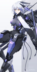 Rule 34 | 1girl, android, bodysuit, breasts, closed mouth, grey hair, hair between eyes, hair ornament, hairclip, highres, large breasts, looking at viewer, mecha musume, mechanical arms, punishing: gray raven, rosetta: rigor (punishing: gray raven), rosetta (punishing: gray raven), short hair, simple background, solo, white background, white hair, x hair ornament, yellow eyes, yu jiu