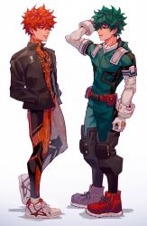 Rule 34 | 2boys, black jacket, bodysuit, boku no hero academia, boots, bright pupils, commentary, cosplay, crossover, english commentary, estereggz, freckles, full body, gloves, green bodysuit, green eyes, green hair, haikyuu!!, hair behind ear, hands in pockets, highres, hinata shouyou, hood, hooded bodysuit, jacket, male focus, marvel, midoriya izuku, multiple boys, parted lips, red bodysuit, red eyes, red footwear, red hair, shadow, shoes, short hair, simple background, smile, sneakers, spider-man, spider-man (cosplay), spider-man (series), spider web print, spiked hair, superhero costume, white background, white footwear, white pupils